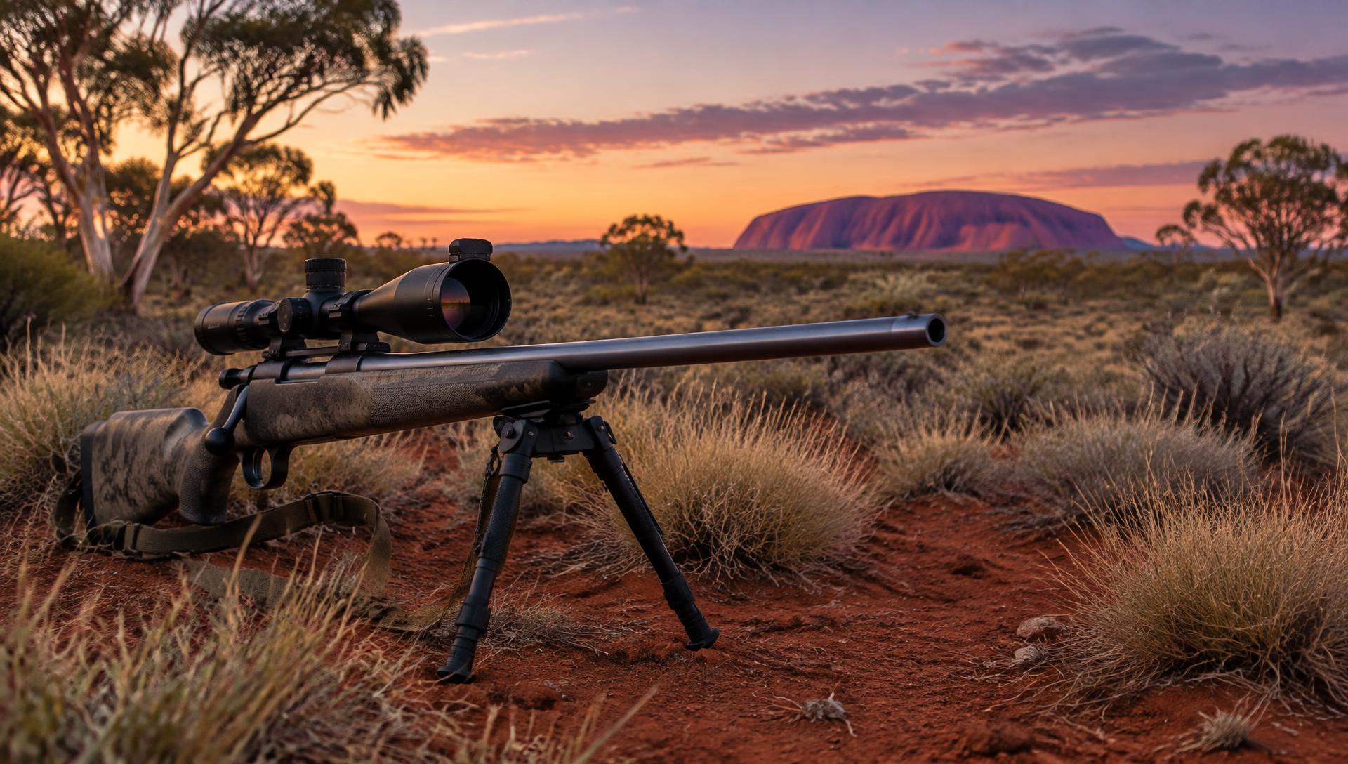 Scoped rifle on a bipod in the Australian bush at sunset, granite outcrop on the horizon